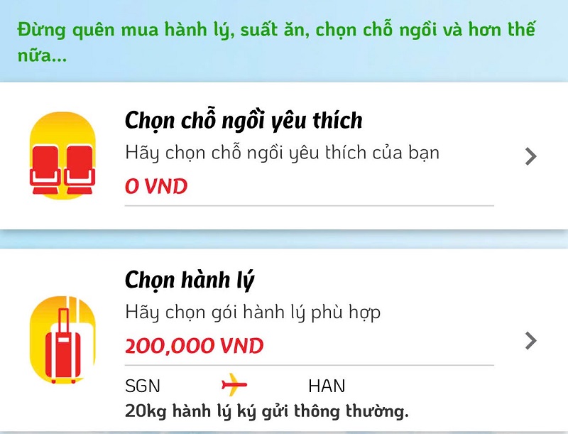 Xác nhận mua thêm hành lý ký gửi Vietjet Air