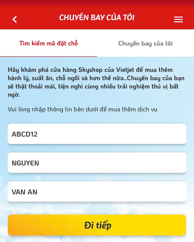 Tìm kiếm mã đặt chỗ cần mua hành lý ký gửi