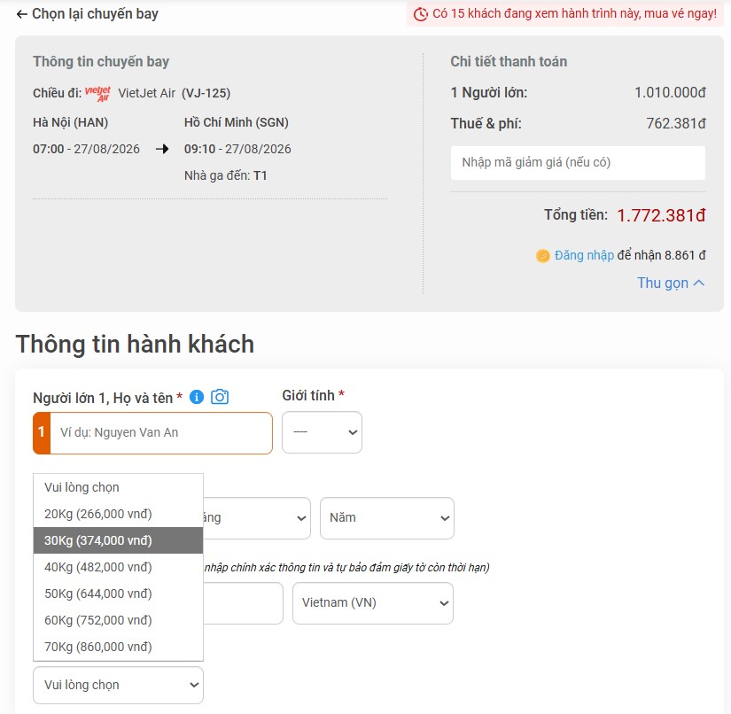 C&aacute;ch mua th&ecirc;m c&acirc;n Vietjet khi đặt v&eacute; tại bestprice.vn