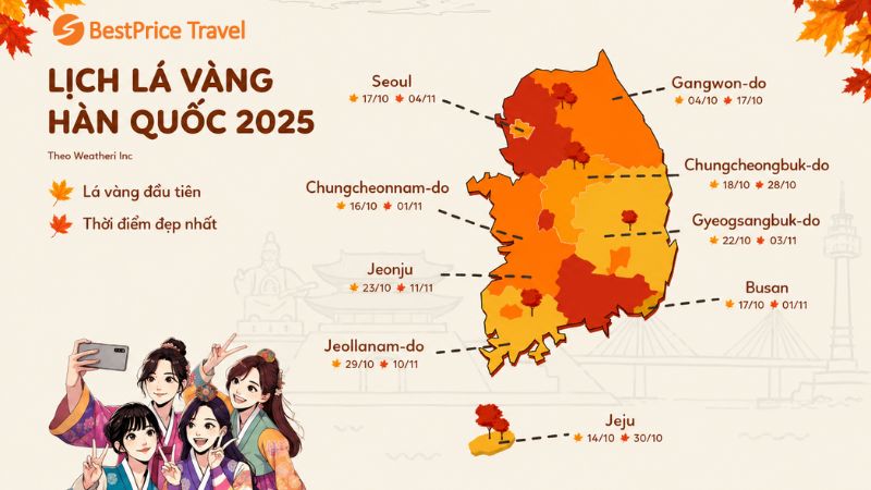 Lịch lá vàng, lá đỏ Hàn Quốc 2025 dự báo