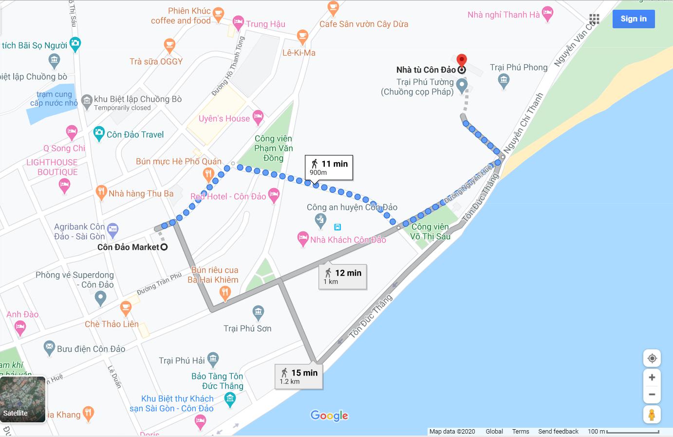 Bản đồ từ chợ Côn Đảo đến nhà tù Côn Đảo