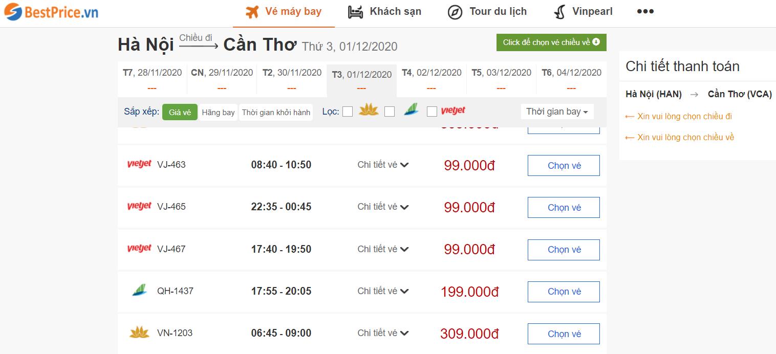 Giá vé mấy bay từ Hà Nội đi Cần Thơ