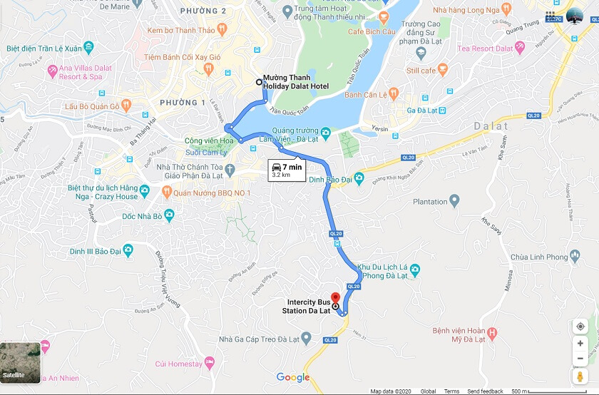 Bản đồ dẫn đường từ Bến xe liên tỉnh Đà Lạt đến khách sạn Mường Thanh Holiday Đà Lạt 4*