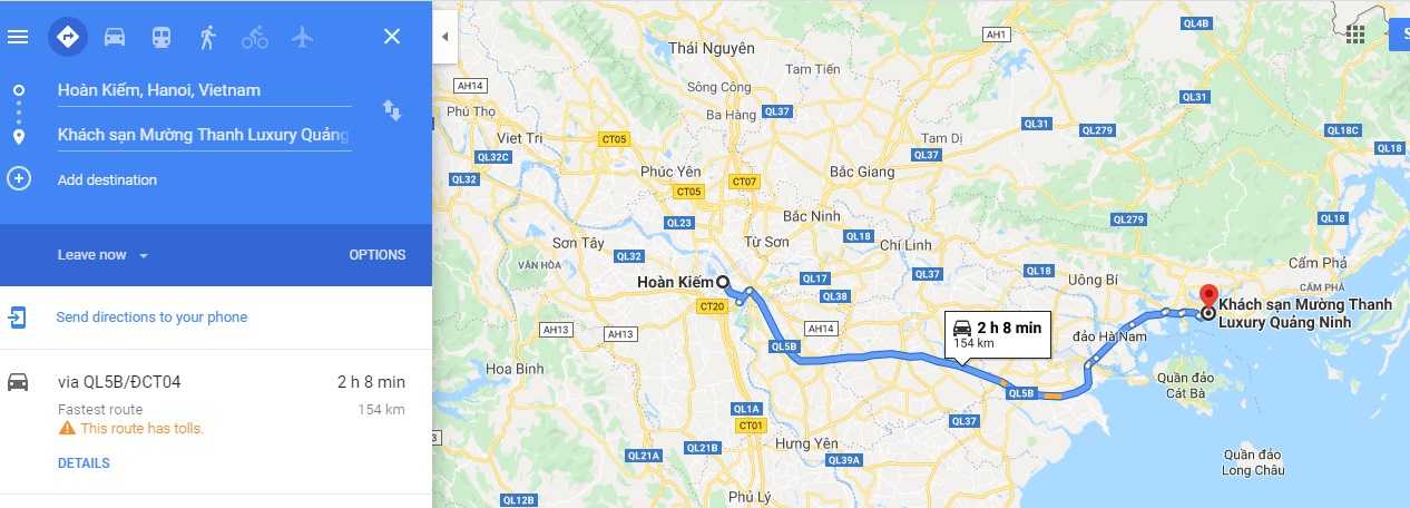 Bản đồ xuất phát từ Hà Nội đến khách sạn