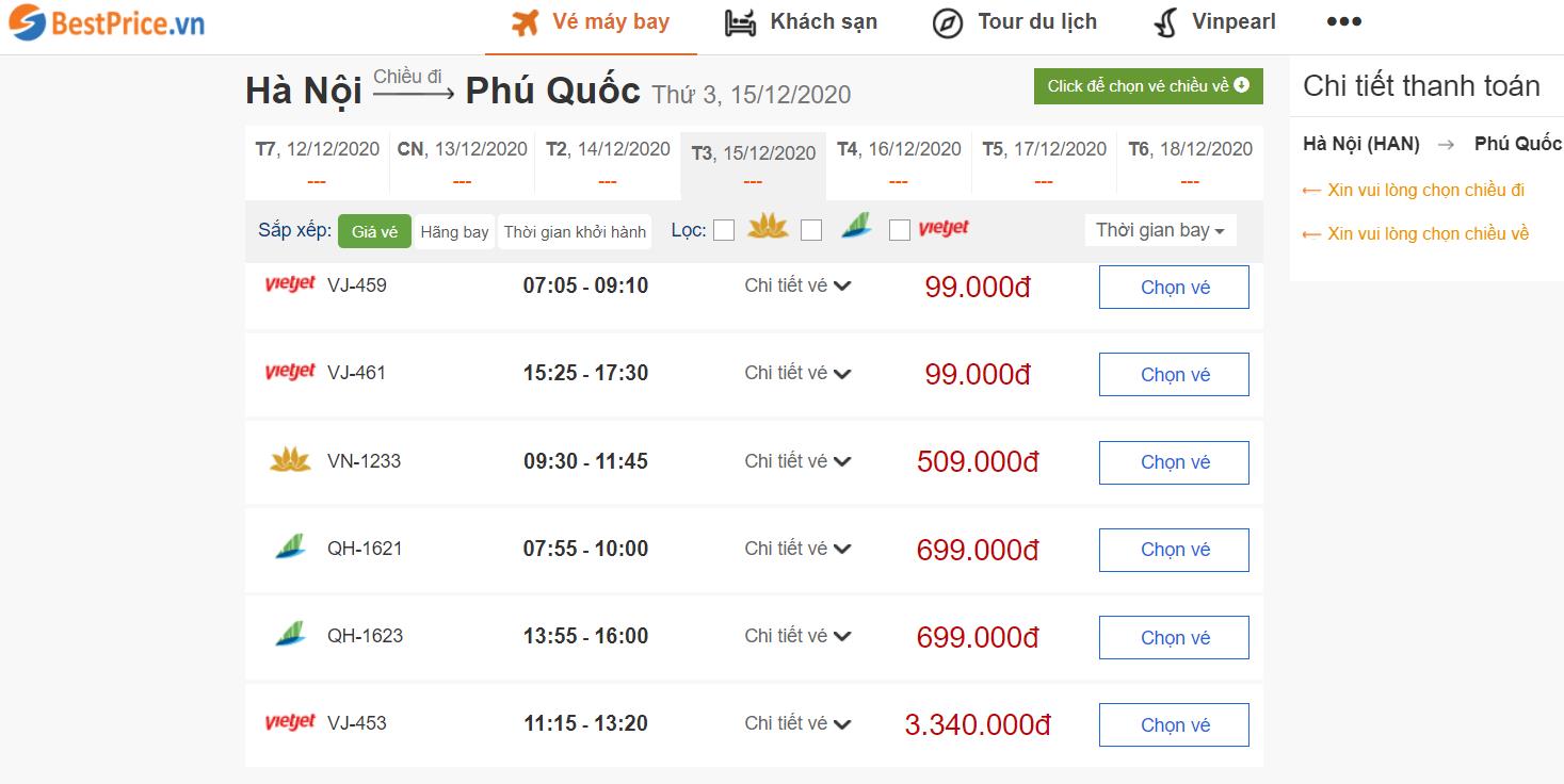 Giá vé máy bay Hà Nội - Phú Quốc tham khảo