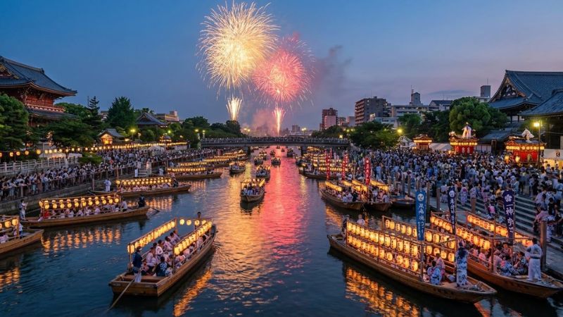 H&ograve;a m&igrave;nh v&agrave;o kh&ocirc;ng kh&iacute; lễ hội Tenjin tại Osaka v&agrave;o th&aacute;ng 7