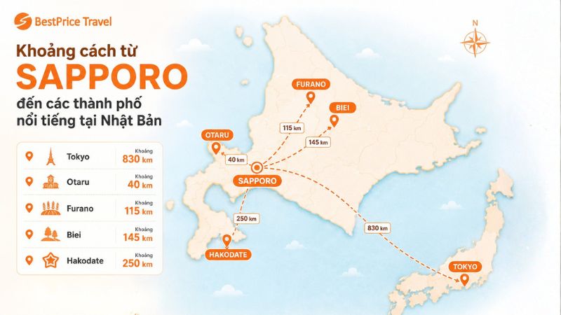 Khoảng cách từ Sapporpo đến các thành phố khác tại Nhật