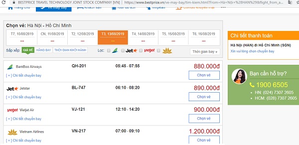 So sánh giá vé máy bay các hãng hàng không nội địa (Giá vé chưa gồm thuế phí)