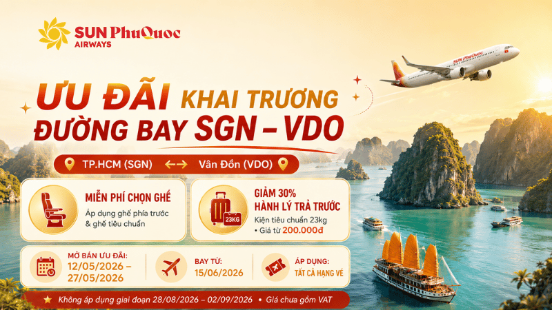 Sun PhuQuoc ưu đãi dịch vụ bổ sung chặng bay Vân Đồn