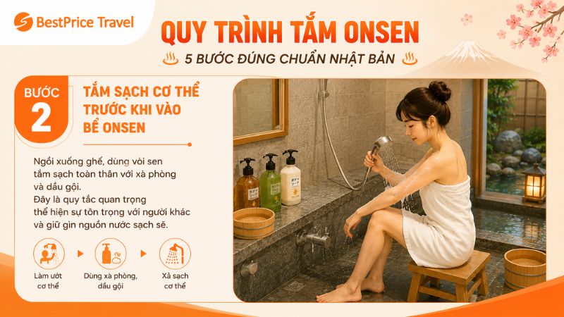 Bước 2: Tắm sạch cơ thể trước khi v&agrave;o bể Onsen