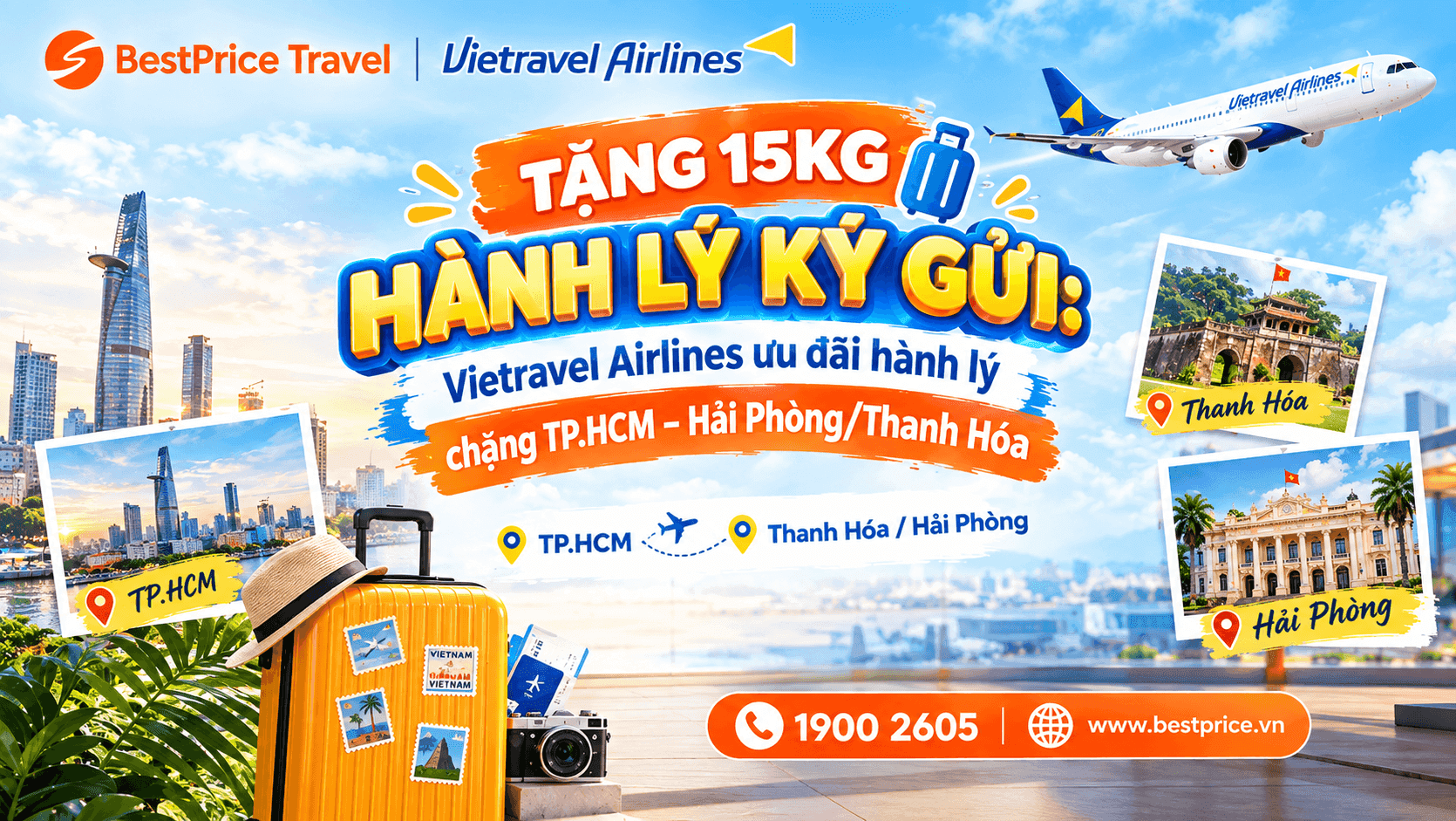 Vietravel Airlines tặng 15kg hành lý ký gửi cho các chuyến bay TP.HCM – Hải Phòng/Thanh Hóa
