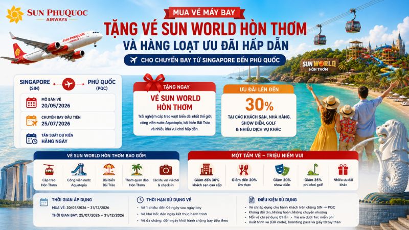 Tặng V&eacute; Sun World H&ograve;n Thơm C&ugrave;ng Triệu Niềm Vui Khi Bay Singapore - Ph&uacute; Quốc