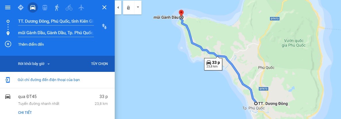 Bản đồ di chuyển từ thị trấn Dương Đông đến mũi Gành Dầu