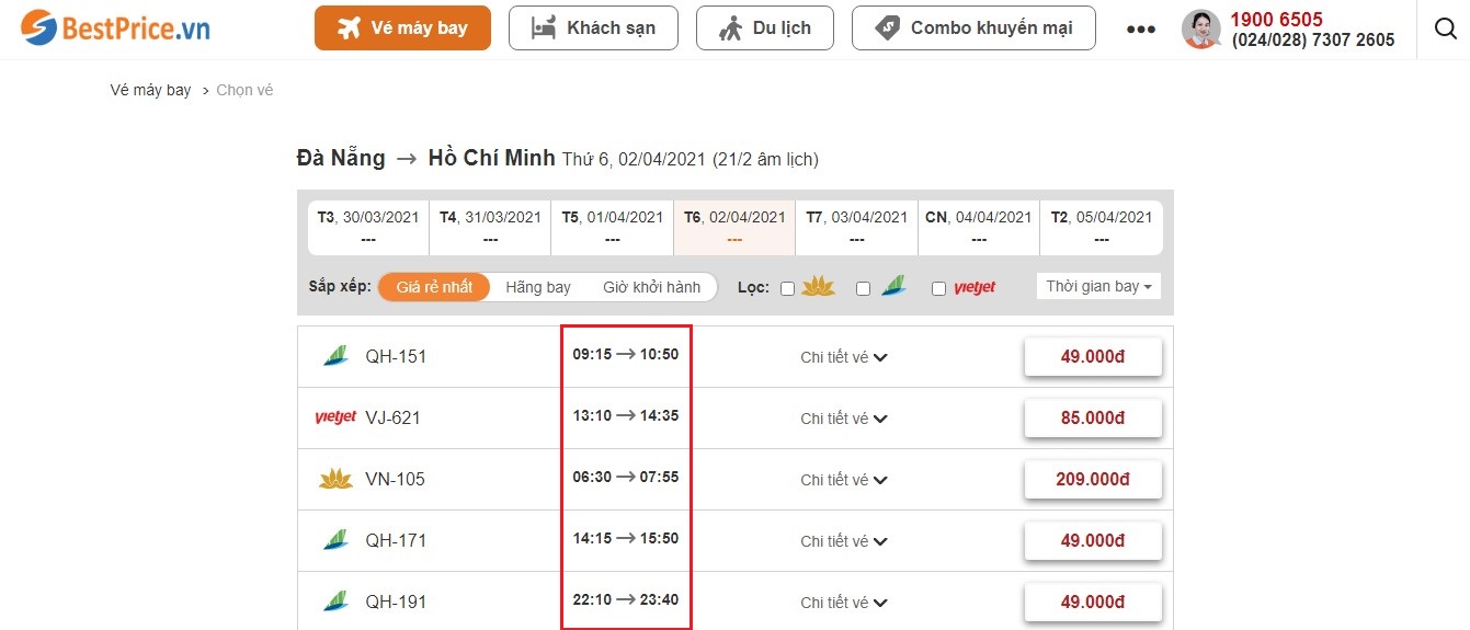 Thời gian bay từ Đà Nẵng đi Hồ Chí Minh tra cứu tại website bestprice.vn