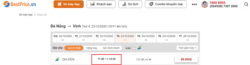 Đặt vé máy bay từ Đà Nẵng đi Vinh tại website bestprice.vn