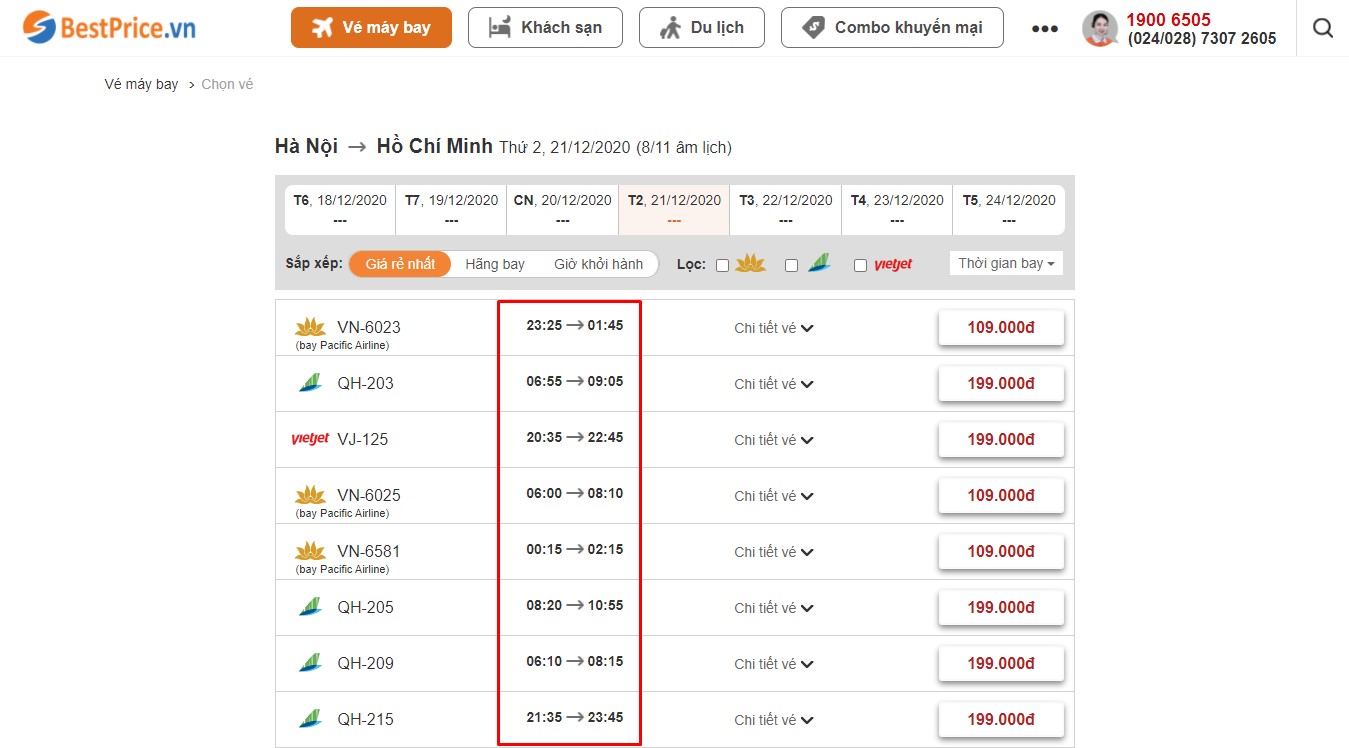 Đặt vé máy bay từ Hà Nội đi Hồ Chí Minh tại website bestprice.vn