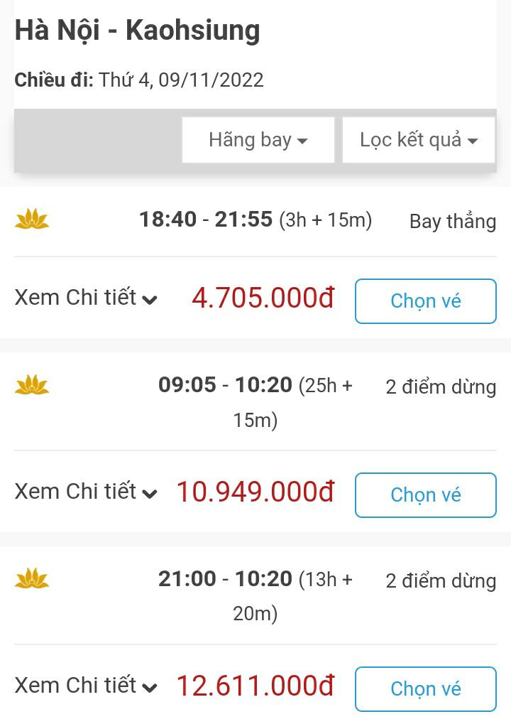 Thời gian bay từ Hà Nội đi Kaohsiung