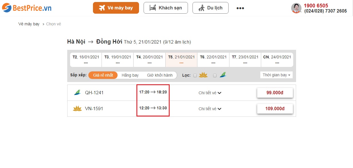 Đặt vé máy bay Hà Nội đi Đồng Hới tại website bestprice.vn