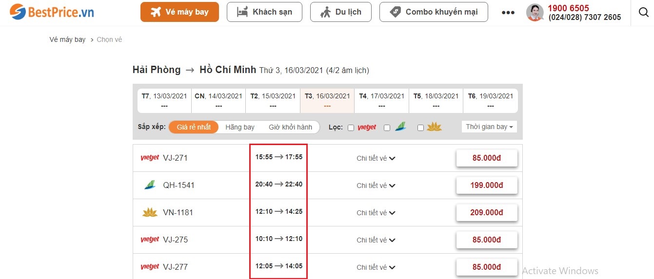 Thời gian bay từ Hải Phòng đến Hồ Chí Minh tại website bestprice.vn