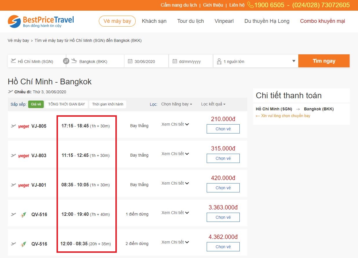Thời gian bay từ Hồ Chí Minh đến Bangkok