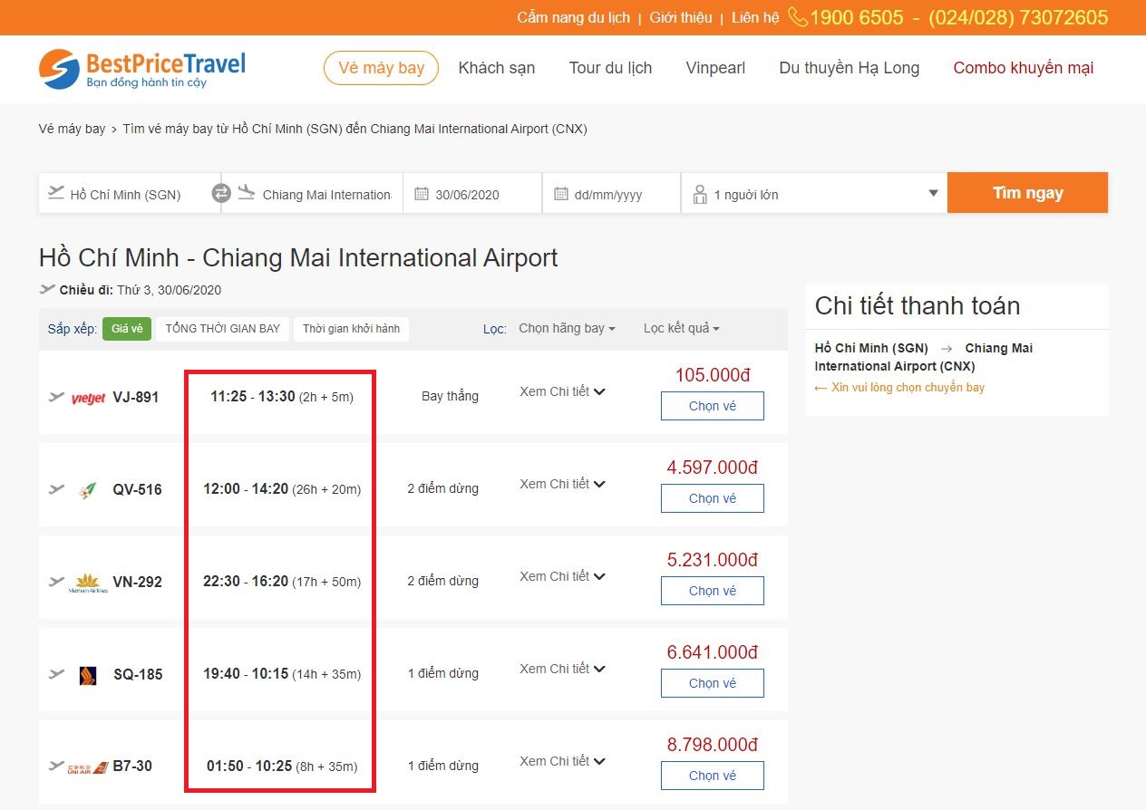 Thời gian bay từ Hồ Chí Minh đến Chiang Mai