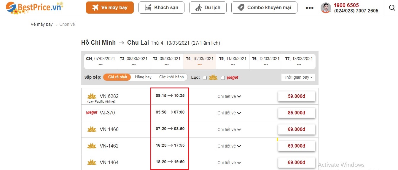 Thời gian bay từ Hồ Chí Minh tới Chu Lai tại website bestprice.vn