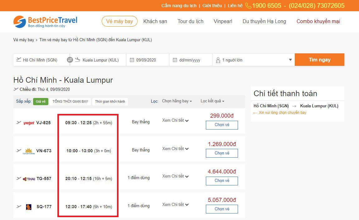 Thời gian bay từ Hồ Chí Minh đến Kuala Lumpur mất bao lâu?
