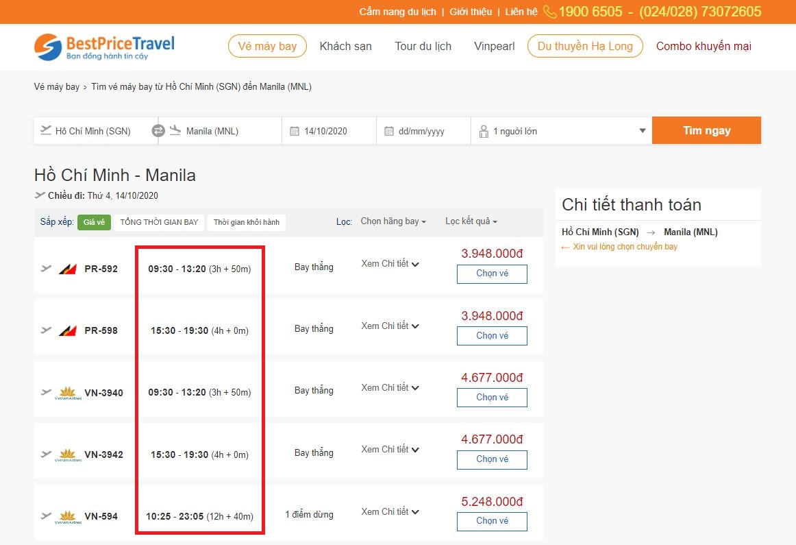Thời gian bay từ Hồ Chí Minh đến Manila mất bao lâu?