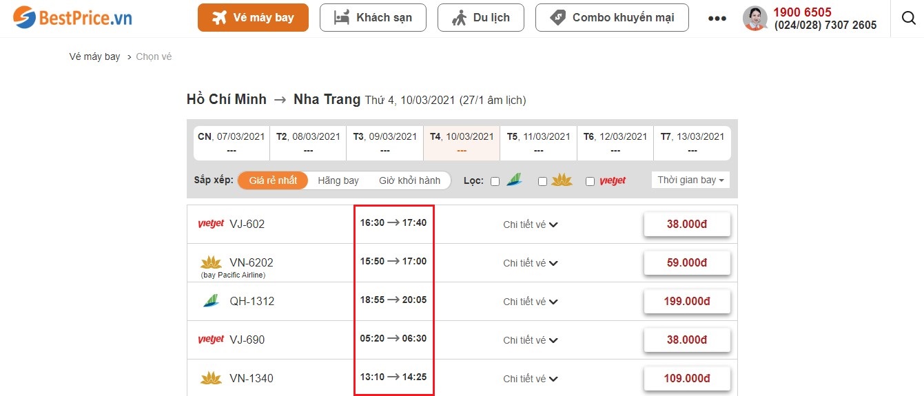 Thời gian bay từ Hồ Chí Minh tới Nha Trang tại website bestprice.vn