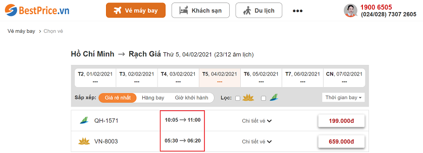 Đặt vé máy bay từ Hồ Chí Minh đến Rạch Giá tại website bestprice.vn