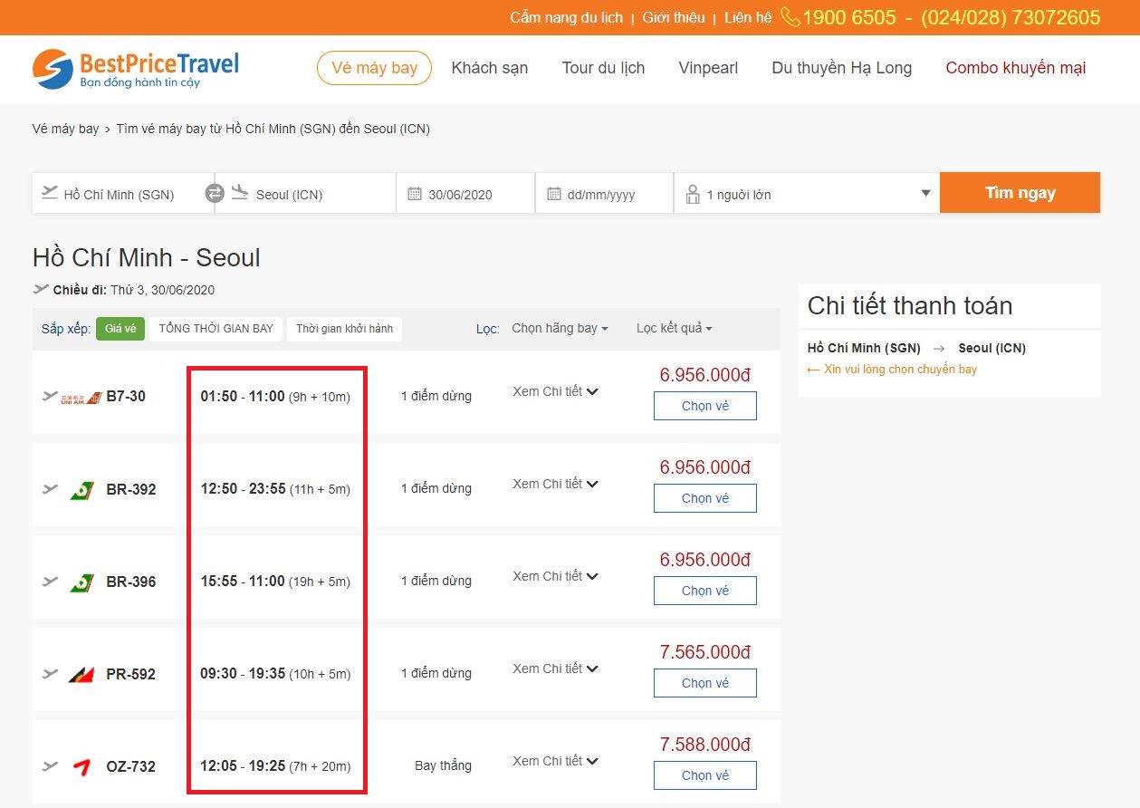 Thời gian bay từ Hồ Chí Minh đến Seoul