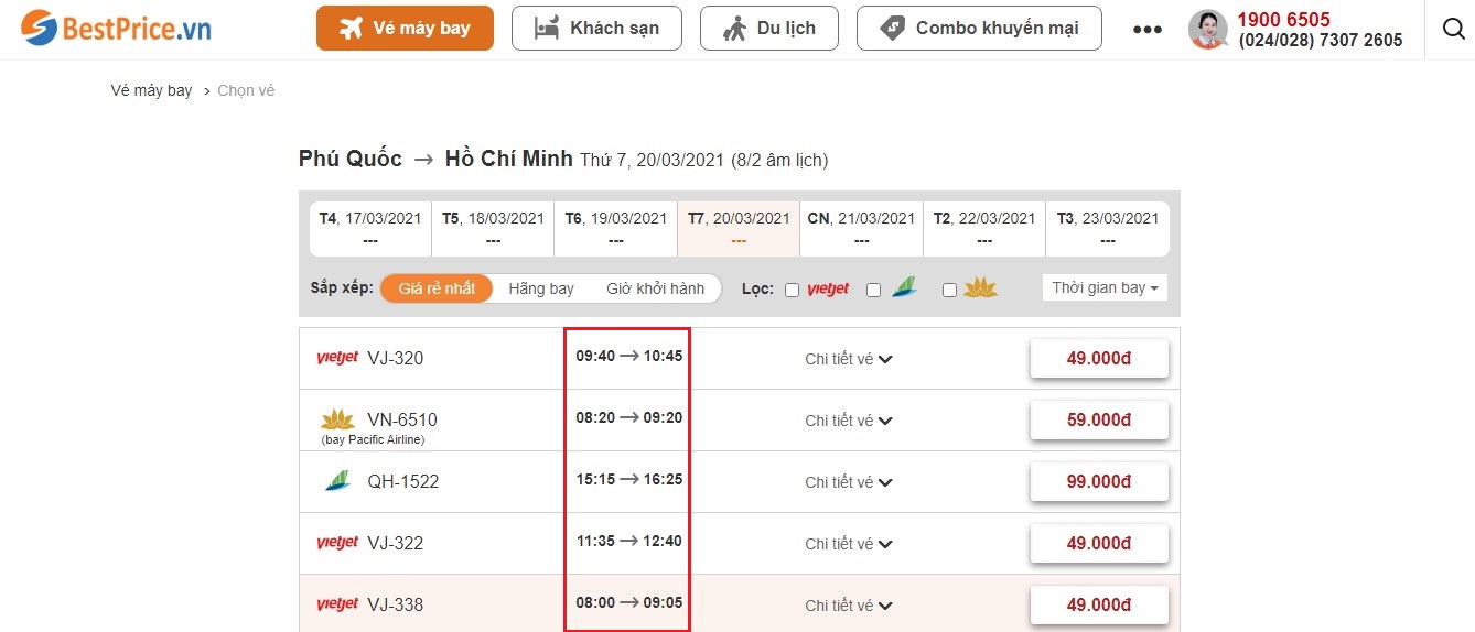 Thời gian từ Phú Quốc tới Hồ Chí Minh tại website bestprice.vn