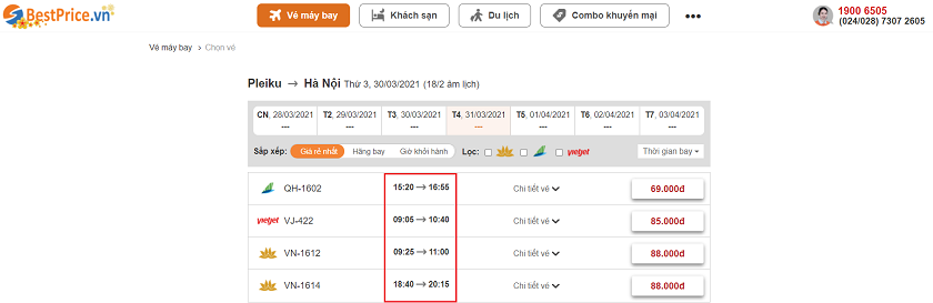 Đặt vé máy bay giá rẻ Pleiku đi Hà Nội tại website bestprice.vn