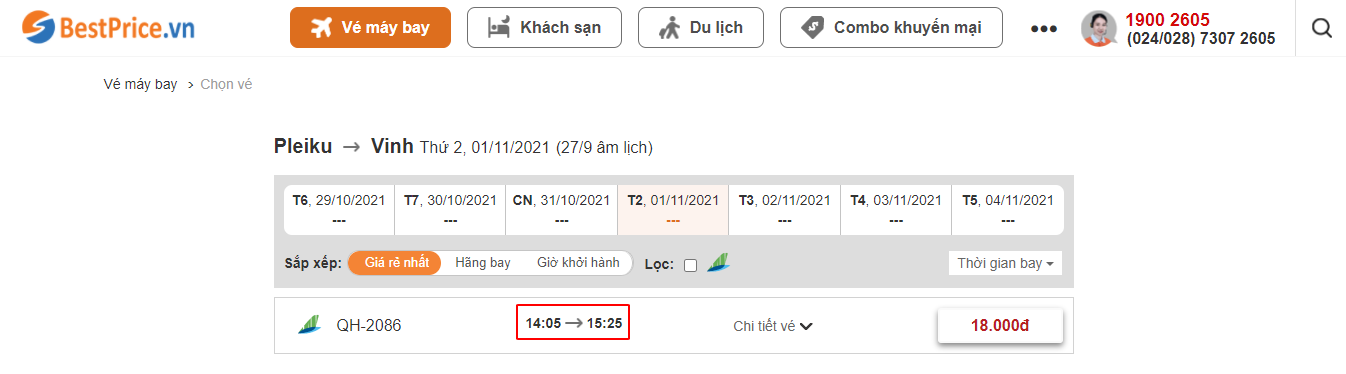 Đặt vé máy bay giá rẻ Pleiku đi Vinh tại website bestprice.vn