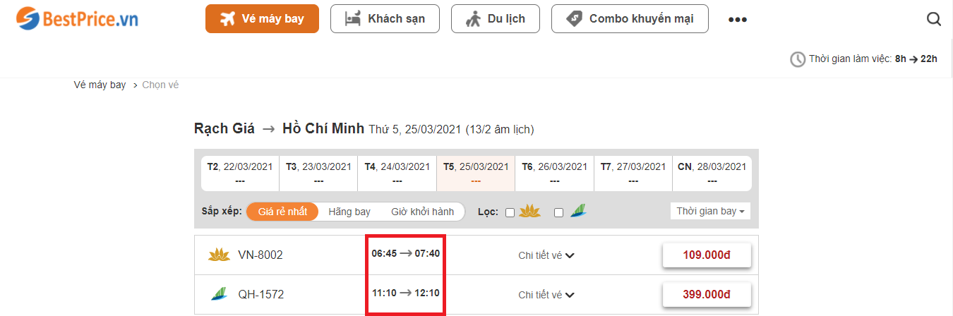 Đặt vé máy bay Rạch Giá đi Hồ Chí Minh tại website bestprice.vn