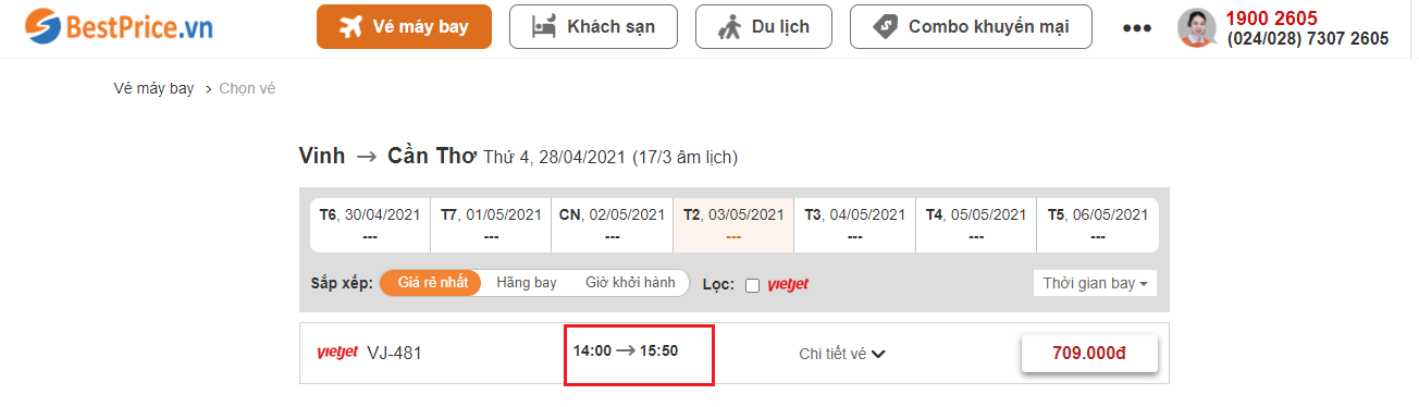 Đặt vé máy bay giá rẻ từ Vinh đi Cần Thơ tại website bestprice.vn