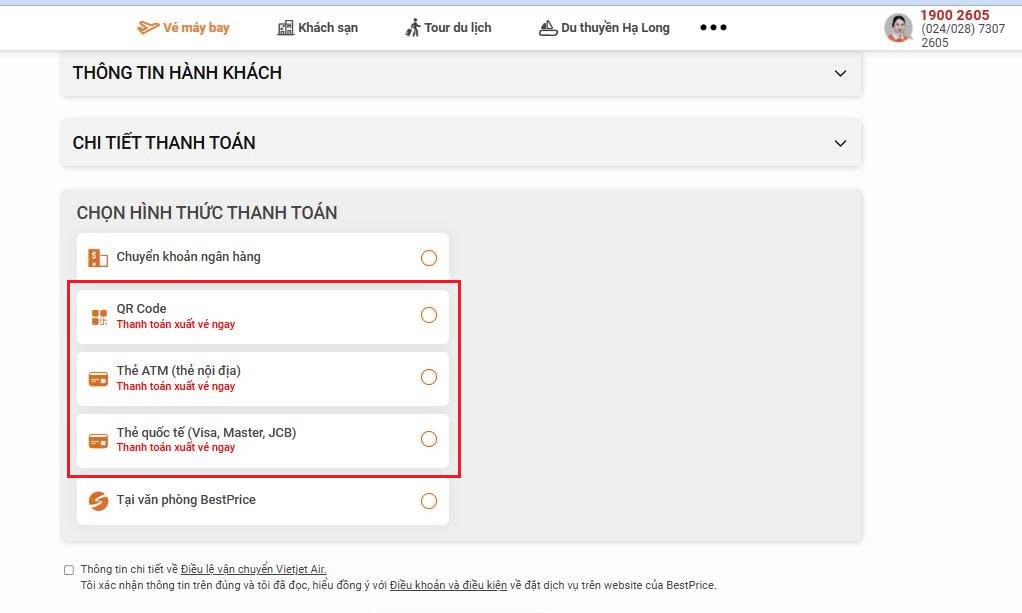 Các hình thức thanh toán áp dụng xuất vé ngay