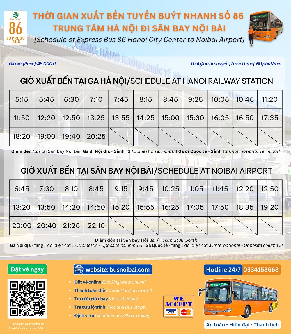 Lịch xuất bến xe bus sân bay Nội Bài 86