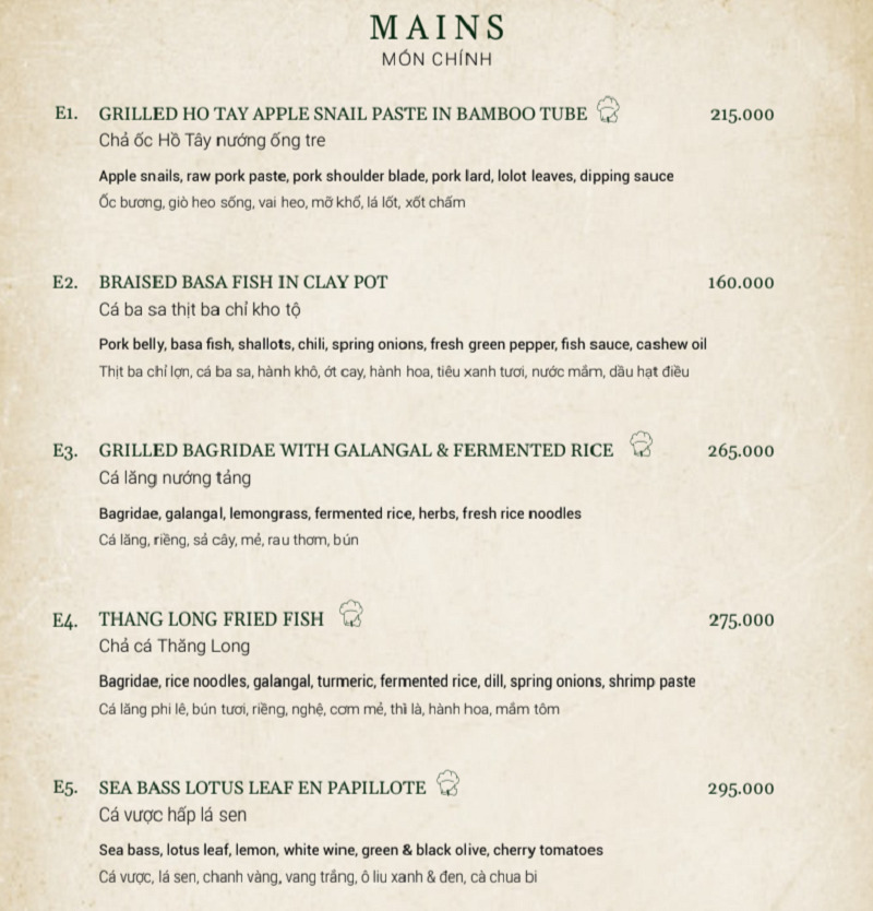 Nhà hàng Hà Nội - Spices Villa phục vụ thực đơn các món Việt truyền thống và món Âu - Á