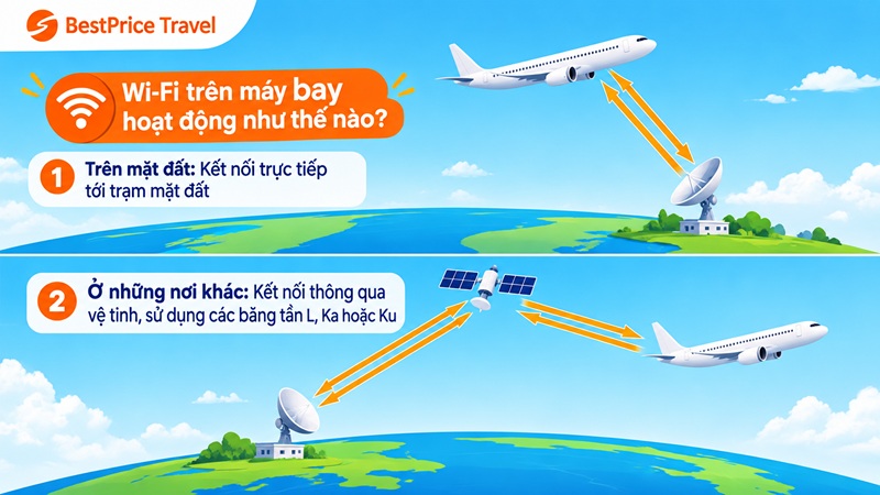 Tr&ecirc;n m&aacute;y bay c&oacute; wifi kết nối bằng vệ tinh