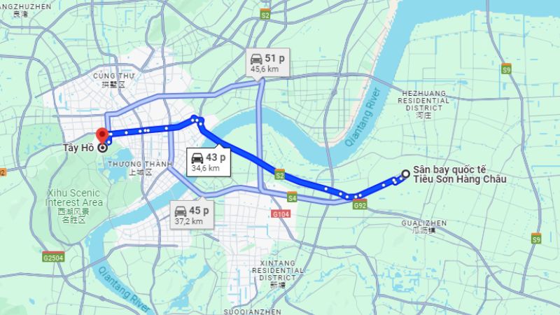Cung đường di chuyển từ sân bay Tiêu Sơn đến Tây Hồ Hàng Châu