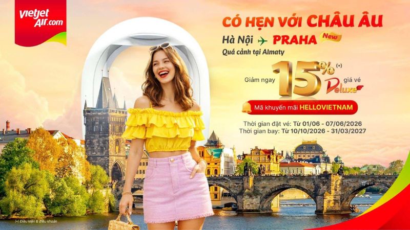 Giảm ngay 15% giá vé Deluxe - Bay Almaty và Praha cùng Vietjet