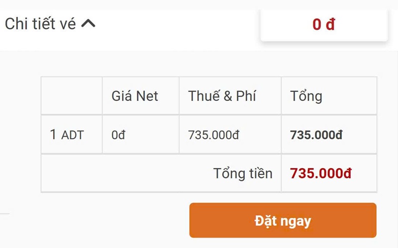 Giá vé cơ bản 0đ được hiển thị riêng với tổng chi phí của hành trình