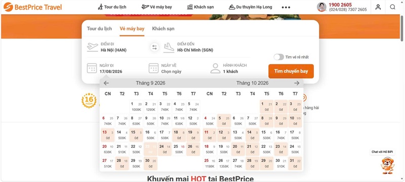 Lịch giá giúp người dùng nhanh chóng nhận biết ngày đang có vé 0đ