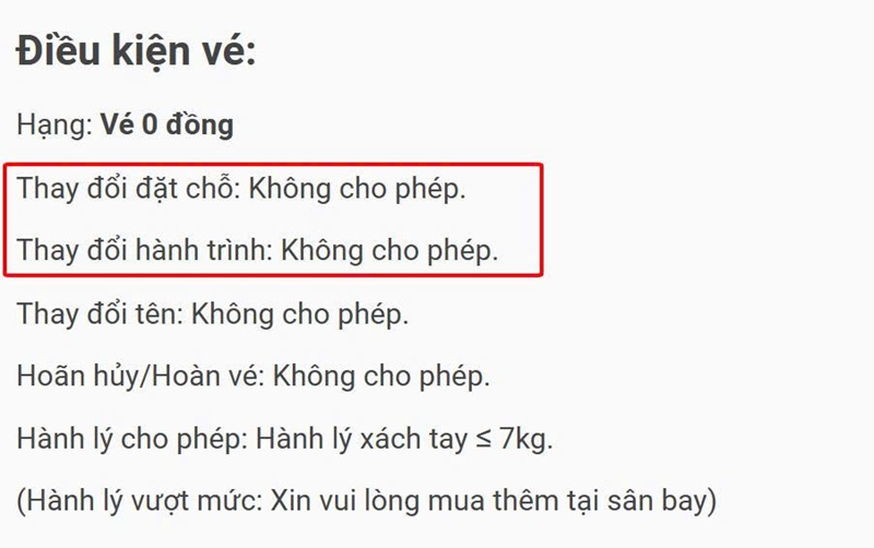 Vé 0đ có thể không hỗ trợ đối, hoàn hoặc hủy