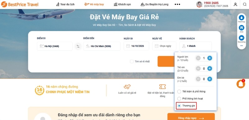 Chọn hạng Thương gia khi tìm kiếm vé tại BestPrice