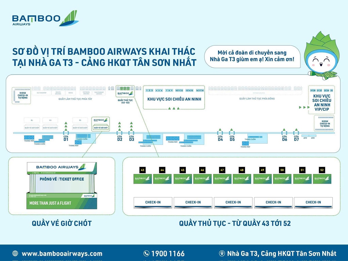 Vị trí quầy check in Bamboo Airways tại Nhà ga T3 Tân Sơn Nhất