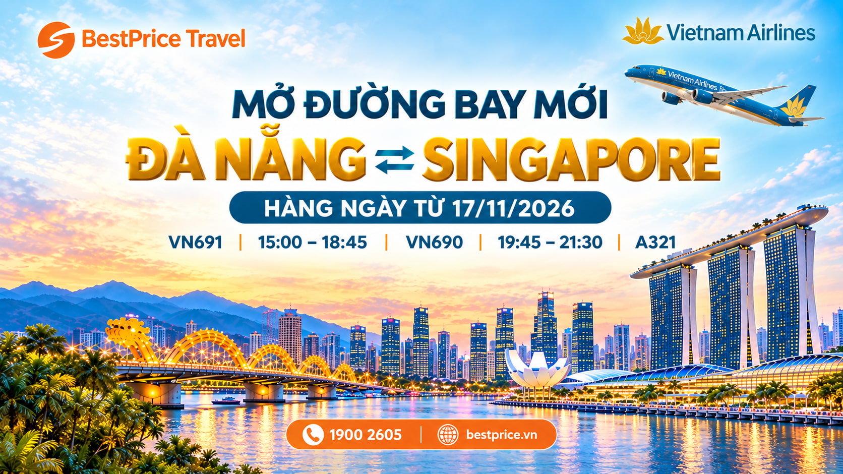 Vietnam Airlines mở đường bay thẳng Đà Nẵng – Singapore