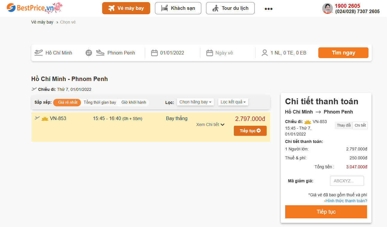 Đặt vé đi Phnom Penh trên website BestPrice.vn
