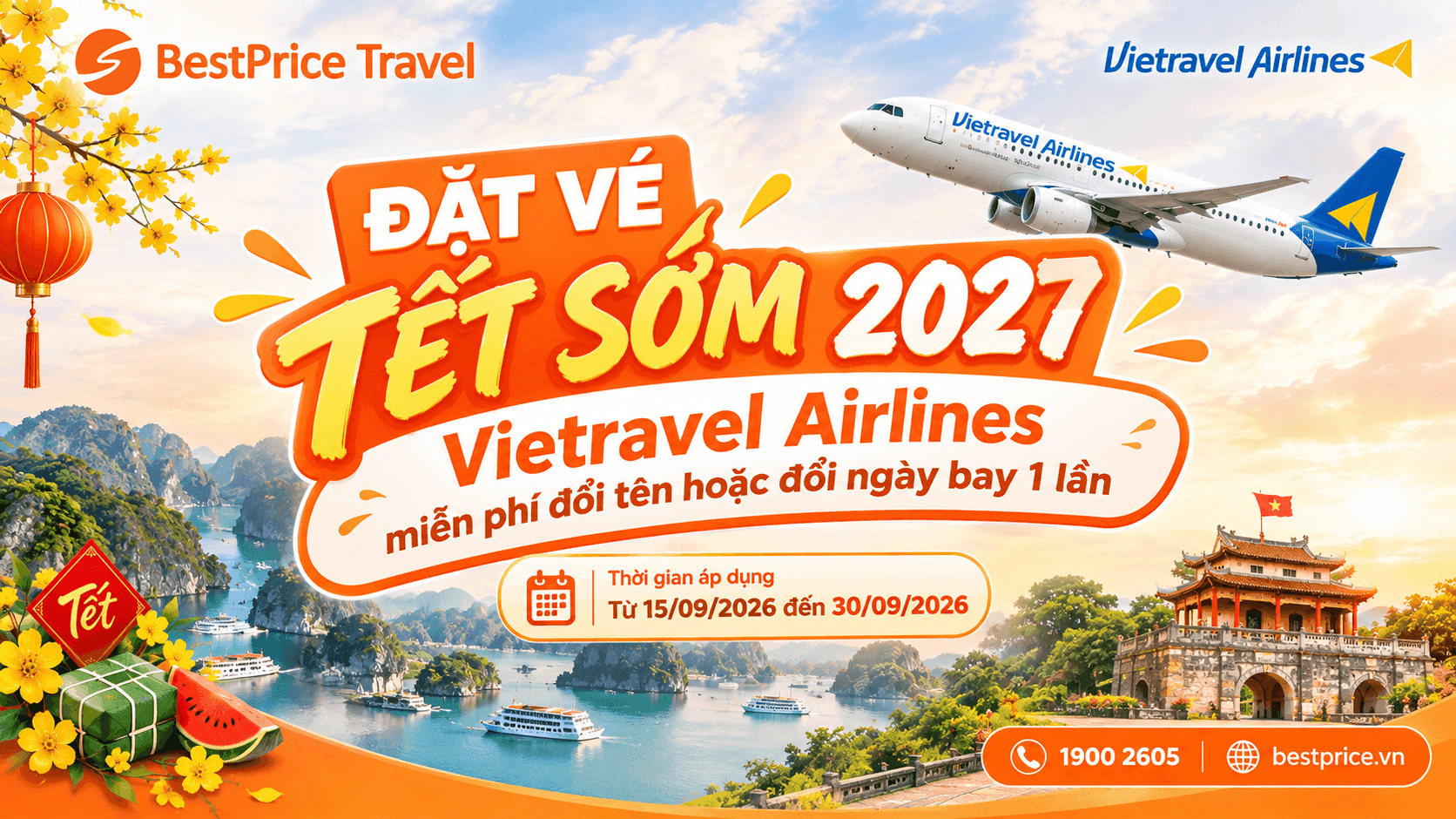 Vietravel Airlines ưu đ&atilde;i miễn ph&iacute; đổi t&ecirc;n hoặc đổi ng&agrave;y bay khi đặt v&eacute; Tết 2027